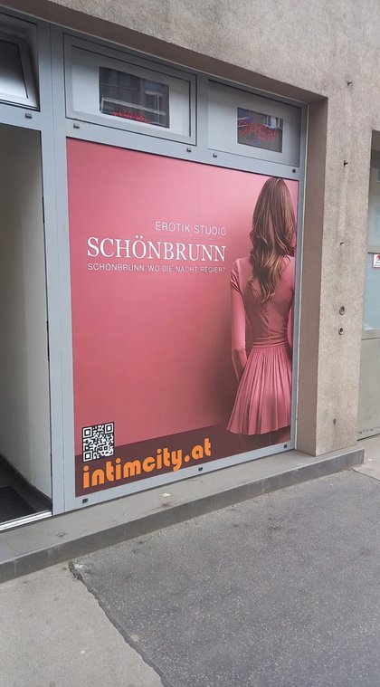 Erotikstudio Schönbrunn-Fenster mit rosa Plakat, Rückansicht einer Frau im Kleid, Text "Schönbrunn – wo die Nacht regiert" und QR-Code.