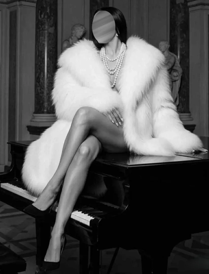 Ein Schwarz-Weiß-Foto zeigt eine Person in einem weißen Pelzmantel, die auf einem Flügel sitzt. Sie trägt Perlenketten und High Heels. Im Hintergrund sind Säulen und Skulpturen zu sehen.