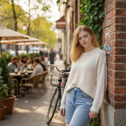 Eine junge Person in einem weichen Pullover und Jeans lehnt an einer roten Backsteinmauer. Im Hintergrund Cafés mit Menschen an Tischen und Bäume.