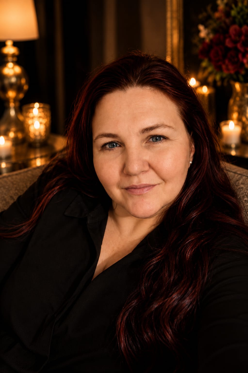 Eine Frau mit roten Haaren und blauen Augen sitzt lächelnd vor einem Hintergrund mit Kerzenlichtern und Blumen. Sie trägt ein schwarzes Oberteil.