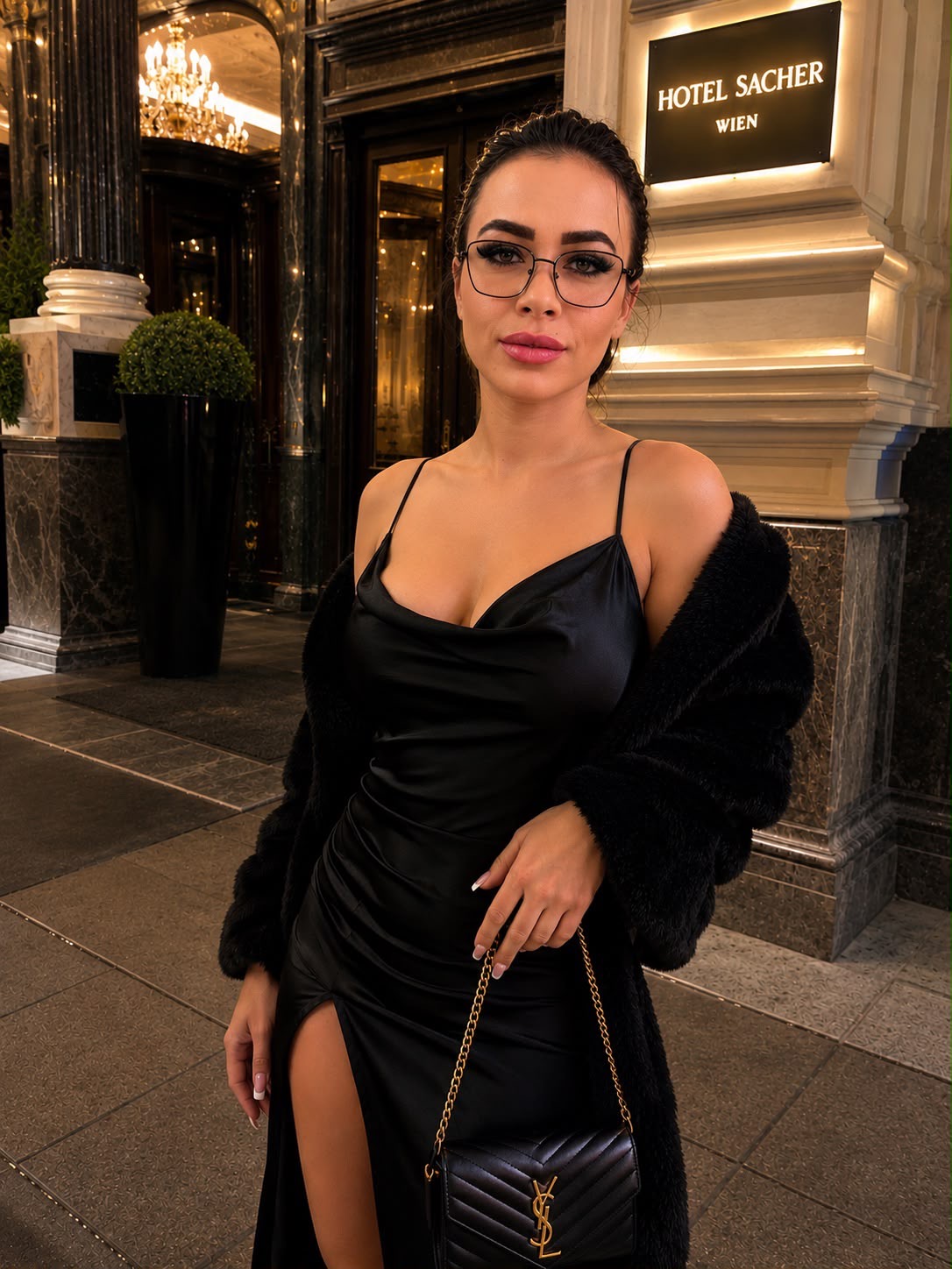 Eine Frau in einem schwarzen Kleid mit Pelzjacke steht vor dem Hotel Sacher Wien. Sie trägt eine YSL-Tasche und hält eine Zigarette.