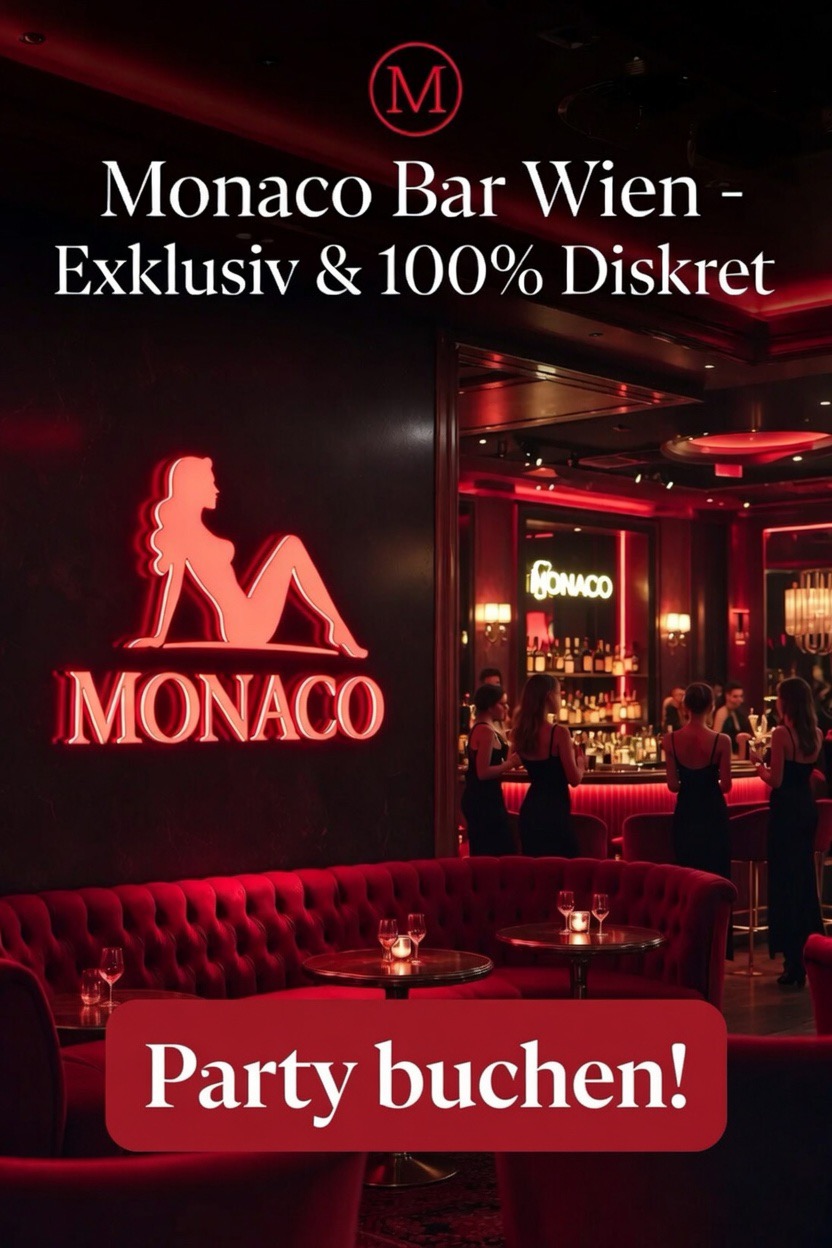 Monaco Bar Wien: Exklusiv & 100% Diskret. Neon-Schild mit sitzender Frau, rote Couchen, Partygäste im Hintergrund. "Party buchen!"