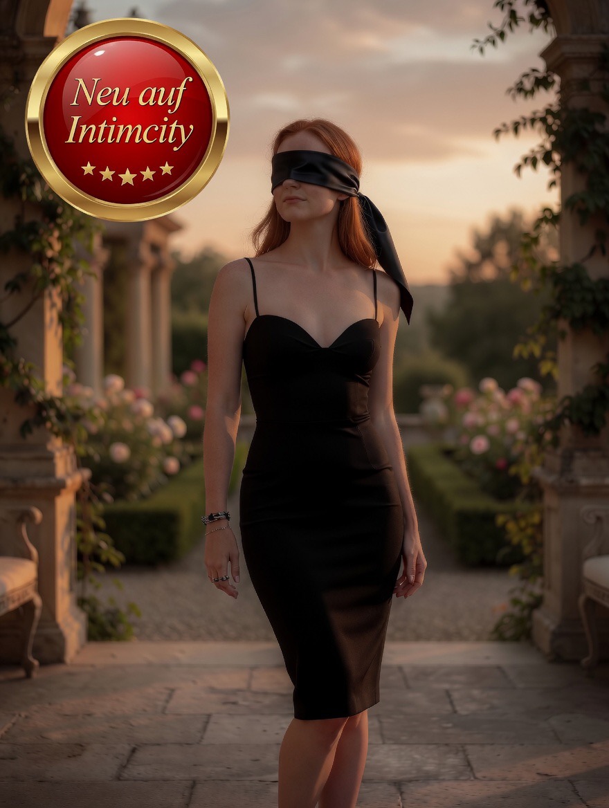 Eine Frau in einem schwarzen Kleid mit Augenbinde steht im Sonnenuntergang vor einer klassischen Gartenkulisse. "Neu auf Intimcity" steht auf einem roten Emblem links.