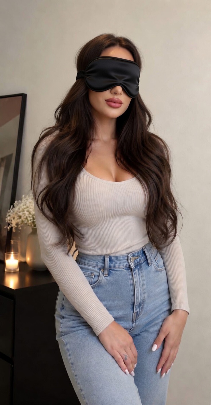 Eine Frau mit langen braunen Haaren trägt eine schwarze Augenmaske, ein cremefarbenes Oberteil und blaue Jeans. Sie steht neben einem Tisch mit Kerzen.