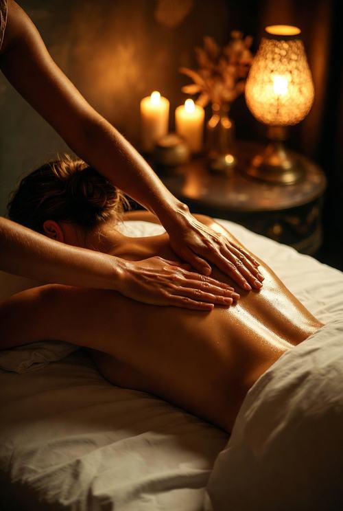 Eine Person erhält eine Rückenmassage in einem abgedunkelten Raum mit Kerzenlicht und einem dekorativen Tischlampenschirm.