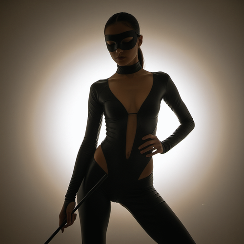 Eine Person in einem enganliegenden schwarzen Catsuit mit Maske, die eine Peitsche hält. ElegantPose auf einem neutralen Hintergrund.