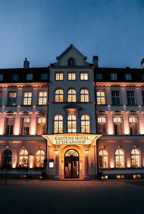 Ein beleuchtetes Hotel bei Nacht mit dem Namen "Kastens Hotel Luisean(h)of". Drei Gebäudeabschnitte mit großen Fenstern.