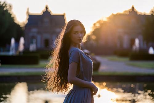 Eine Frau mit langen Haaren steht am Wasser bei Sonnenuntergang, im Hintergrund sind Gebäude und Bäume zu sehen.