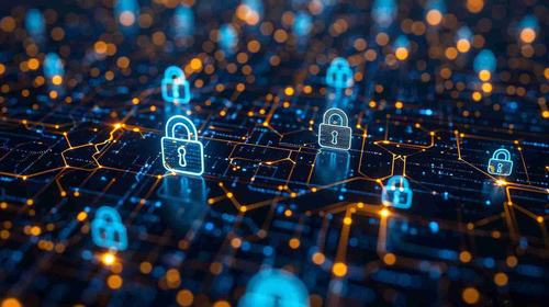Digitale Sicherheit: Verschlossene Schloss-Symbole auf einem Netzwerk-Hintergrund mit leuchtenden Verbindungen.