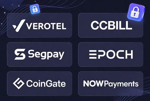 Zahlungsdienstlogos: Verotel, CCBill, Segpay, Epoch, CoinGate und NOWPayments auf dunklem Hintergrund mit Sicherheitsikonen.