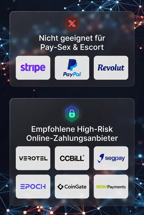 Ein Infografik zur High-Risk-Zahlungen: Nicht geeignet: Stripe, PayPal, Revolut. Empfohlen: VEROTEL, CCBILL®, Segpay, EPOCH, CoinGate, NOWPayments.