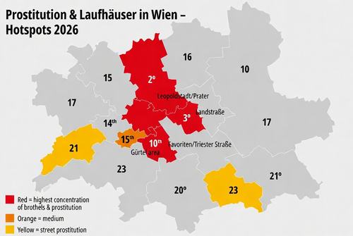 Karte von Wien: Prostitutionshotspots 2026. Rot=Hochkonzentration, Orange=Mittel, Gelb=Straßenprostitution. Bezirke 2, 3, 10, 15, 21, 23 markiert.