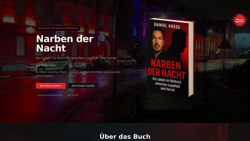 Buchcover "Narben der Nacht" von Daniel Kress mit rotem Hintergrund und Silhouette eines Mannes.
