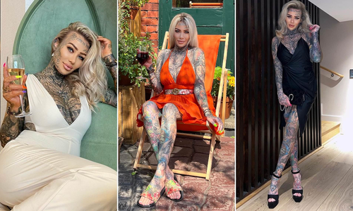 Drei Frauen mit Tattoos posieren in eleganten Outfits: Weißes Kleid, orangefarbenes Kleid und schwarzes Kleid.
