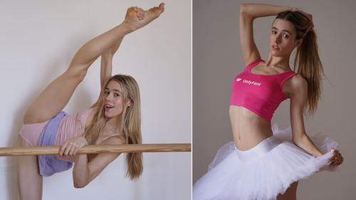 Zwei Frauen in Ballettposen: eine im rosa Top mit "OnlyFans" und weißem Tutu, die andere im rosa Oberteil und lila Shorts am Ballettbarren.