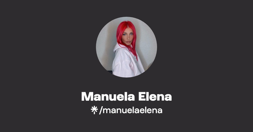 Rundes Profilbild einer Person mit roten Haaren und weißer Jacke. Text: "Manuela Elena /manuelaelena". Dunkler Hintergrund.