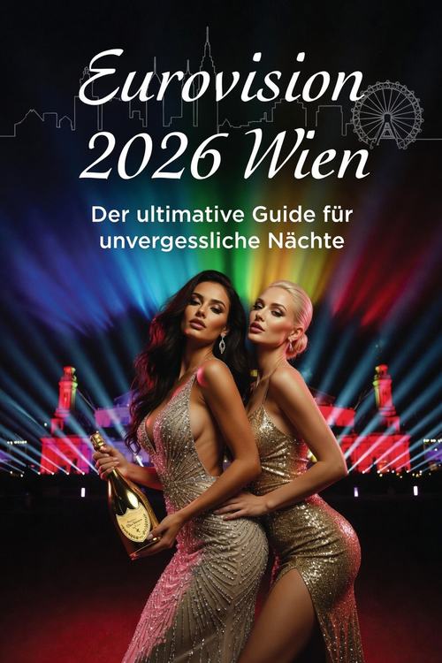 "Eurovision 2026 Wien: Zwei elegante Damen in Glitzerkleidern posieren mit Champagner vor farbigem Scheinwerferlicht."