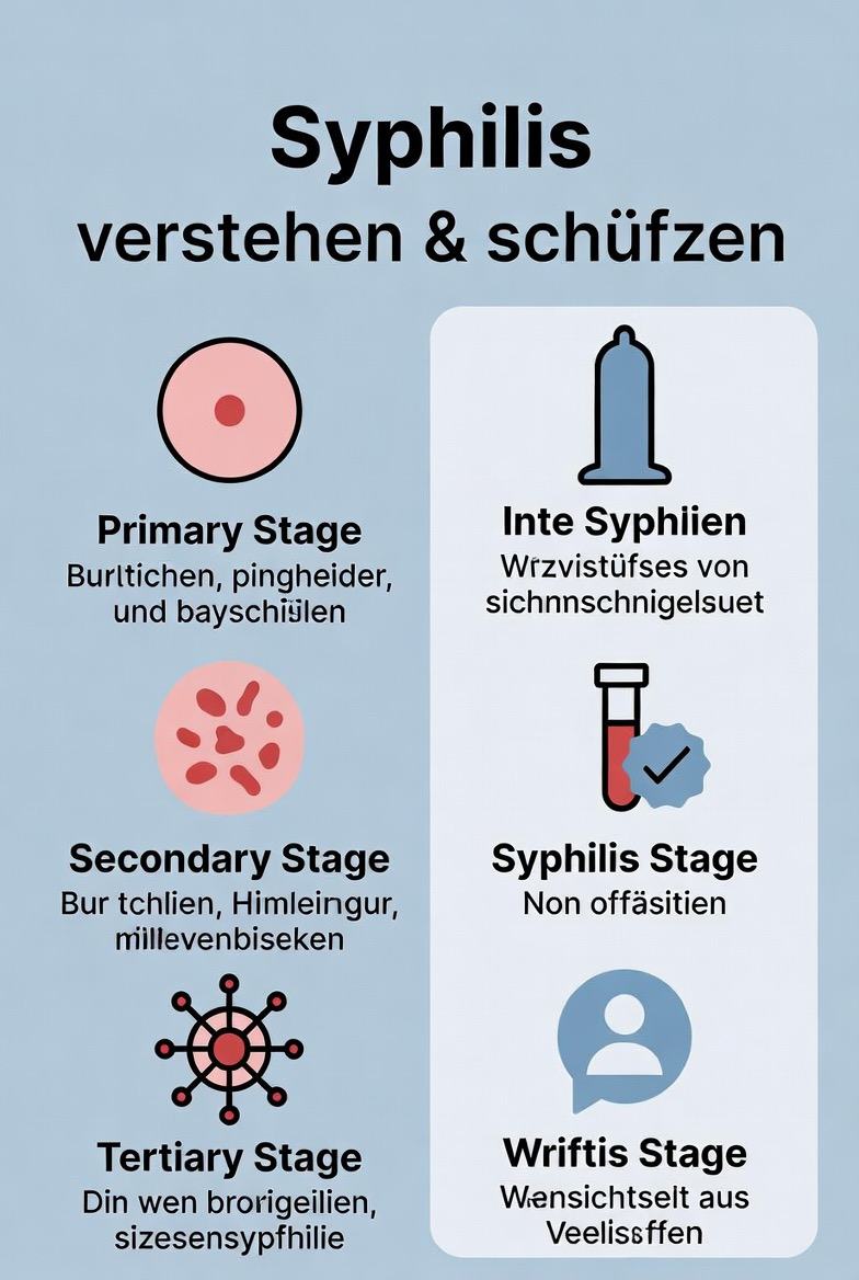 Syphilis-Infografik: drei Stadien und Prävention durch Kondom. Labor petals syphilis-stage. Schutz und Test wichtig.