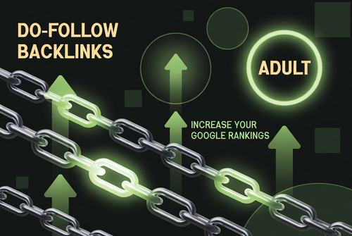 Bild zeigt "Do-Follow Backlinks" mit Kette und Pfeilen. Text: "Adult", "Increase Your Google Rankings". Hintergrund dunkel.