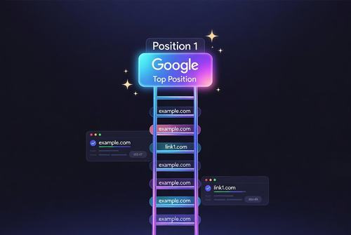 Ladder to Google Top Position: "example.com" and "link1.com" climb towards Position 1, symbolizing SEO success.