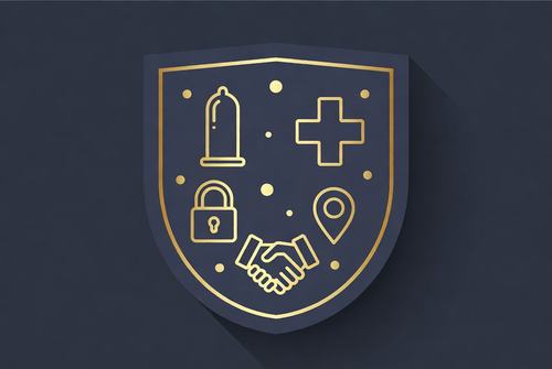 Schild mit goldenen Symbolen: Kondom, Kreuz, Schloss, Standort-Pin und Händedruck auf dunklem Hintergrund.