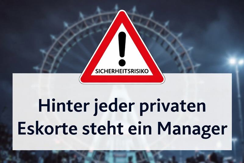 Warnschild "Sicherheitsrisiko" vor Riesenrad. Text: "Hinter jeder privaten Eskorte steht ein Manager."