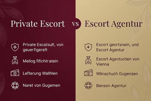 Vergleich "Private Escort vs Escort Agentur" mit Symbolen und Texten zu Sicherheit, Medikamenten, Währung und Netzwerk.