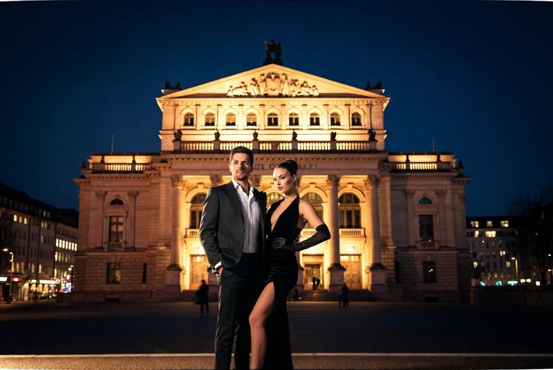 Ein Mann im Anzug und eine Frau in einem schwarzen Kleid posieren vor einem beleuchteten, klassischen Theatergebäude.