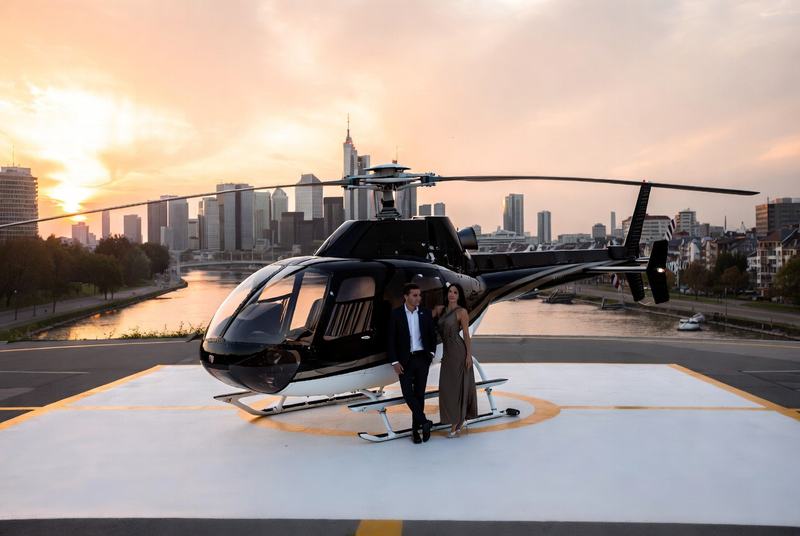 Ein Paar posiert neben einem Hubschrauber auf einem Helipad bei Sonnenuntergang, mit Skyline im Hintergrund.