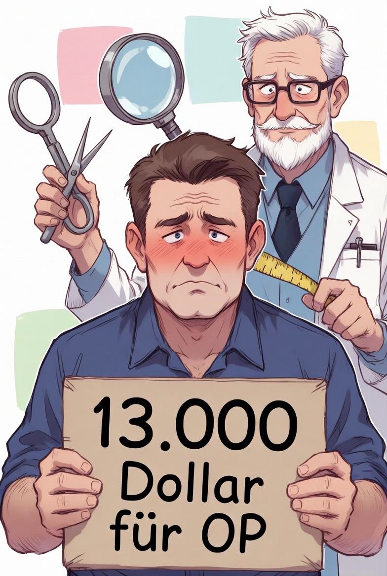 Ein Mann hält ein Schild "13.000 Dollar für OP". Ein Doktor mit Schere und Lineal hinter ihm. capacities-ul图书馆