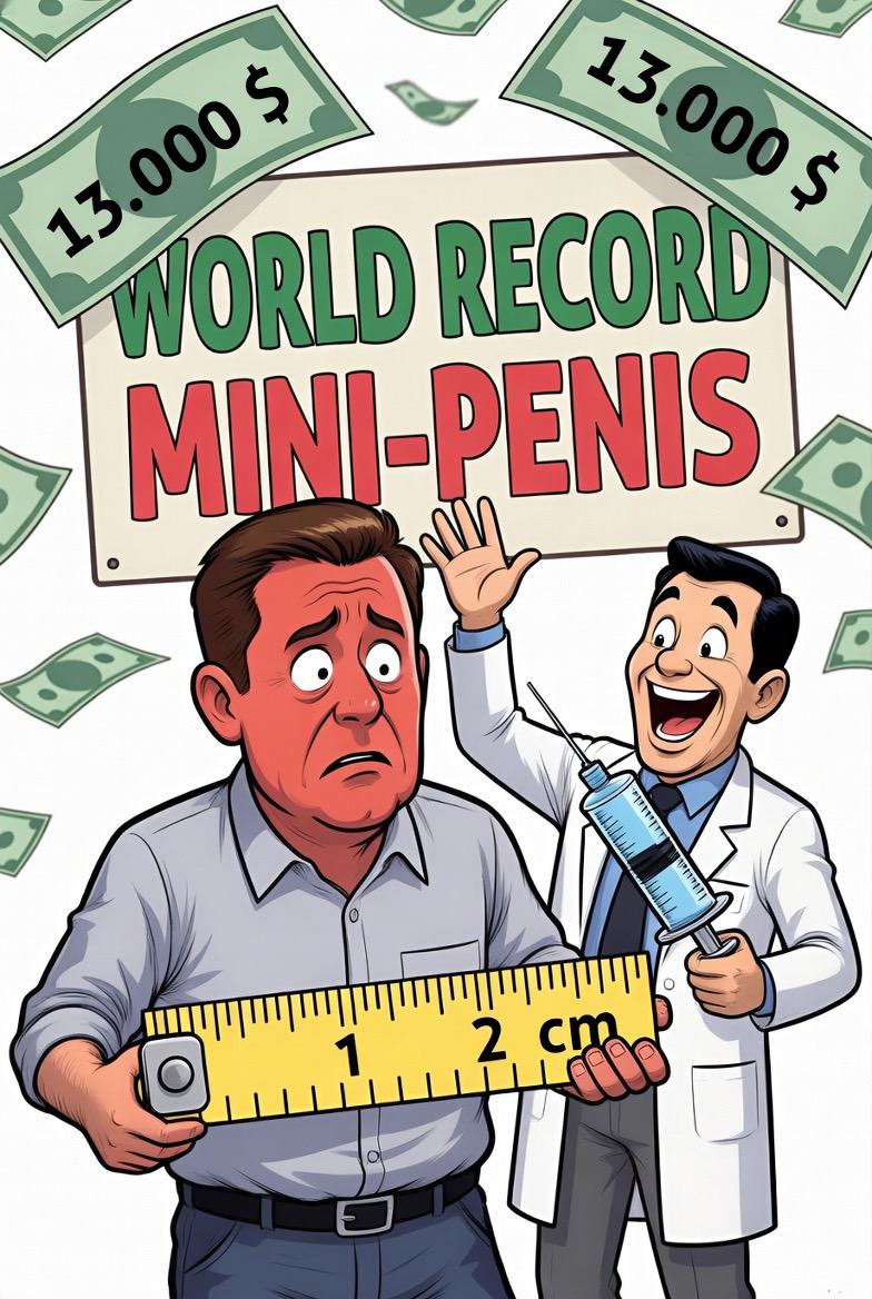 Ein Mann hält ein Maßband (1-2 cm), neben ihm ein Arzt mit Spritze. Schild: "WORLD RECORD MINI-PENIS". Geldscheine um sie herum.